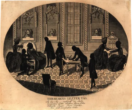 図 I-5  「マリア・テレジア最期の日」 （ 1781 ） Copyright Wien Museum  特に注意を向けておきたい 43 。これらのグループは、画像印刷物の受け手としては、 これまでまったく視野に入れられることのない層であった。レッシェンコールによ る未曾有の大量生産は、アルタリアなどの旧来の業者とは本質を異にして、未開拓 だったこのセグメントを発見し、消費者として取り込むことを前提とした、まった く新しい事業であったことを看過してはならない。 1780 年代に大ブームを巻き起こした通俗的