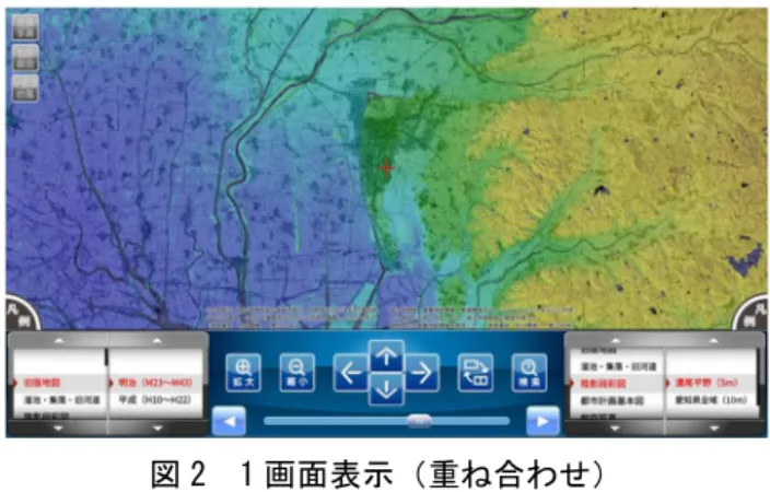 図 1 及び図 2 のとおり、操作方法が直感的に分か りやすいインターフェースを採用しており、地図の 拡大縮小、上下左右の移動および地図の切り替えは もちろんのこと、 2 画面から 1 画面の切り替え、逆 の切り替えや表示濃度の調整及び住所検索機能によ る地図の閲覧地域の指定も容易にできる。  現在、インターネットで閲覧できる地図の種類は、 表 1 のとおりとなっている。 表 1 ISM 公開データ一覧  また、地図情報以外にも「伊勢湾台風」の被害写真（図3）、ある地点の現在（平成）と過去（昭和初期）を対比