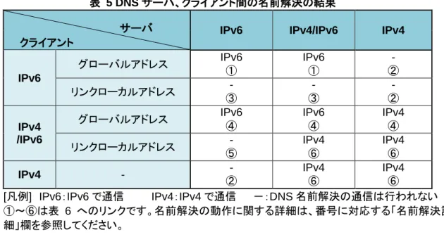 表  5 DNS サーバ、クライアント間の名前解決の結果 