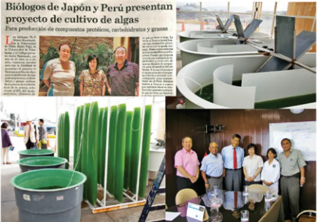 図 2 ． 3 枚の写真は， IMARPE との共同研究の様子．左上新聞 記事は， PeruShimpo （ 2017/3/31 ）に，プロジェクトの紹介記 事が掲載されたもので，写真中央は筆者．