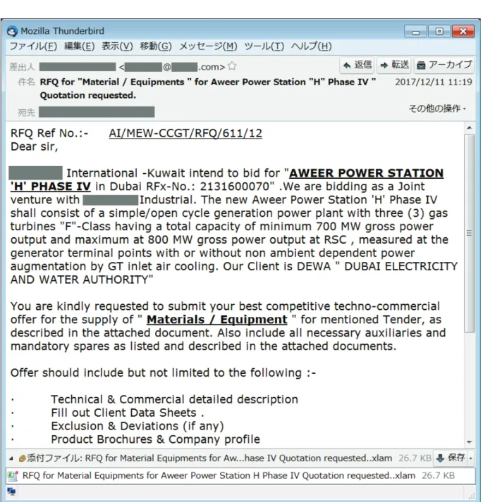 図  9  クウェートのプラント資機材の販売を行っている企業を騙る攻撃メール 