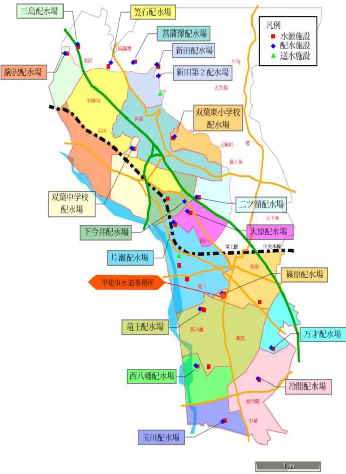 図   甲斐市 水道  水源 配水場と給水区域 
