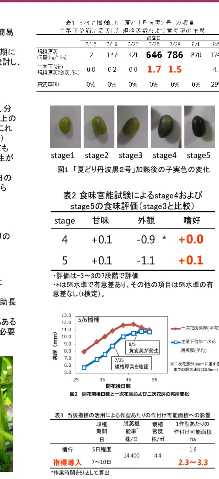 図 1   「夏どり丹波黒２号」加熱後の子実色の変化 stage 4 +0.1 -0.9 * +0.0 5 +0.1 -1.1 +0.1表2 食味官能試験によるstage4およびstage5の食味評価（stage3と比較）甘味外観嗜好 ・評価は-3～3の7段階で評価 ・*は5%水準で有意差あり、その他の項目は5%水準の有 意差なし（t検定）。 収穫 期間 脱莢機能率* 栽植密度 1作型あたりの 作付け可能面積 日 株/日 株/㎡ ha 慣行 5日程度 1.6 指標導入 7～10日 2.3～3.3 *作業時間
