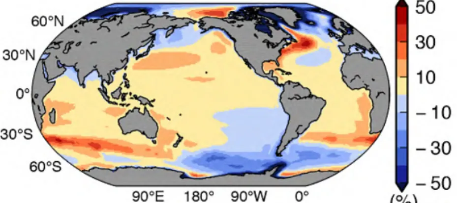 図 S2.10  1986～2005 年平均と比較した 2081～2100 年平均の海面水位上昇量の世界平均との比率（ 図 2.3.4） RCP4.5 シナリオに基づく（IPCC，2013） 。 海氷、雪氷の将来の見通し（ 第 2.3.2 項、第 2.3.3 項、第 2.3.4 項 ）  ○  IPCC 第 5 次評価報告書によると、RCP8.5 シナリオでは、21 世紀半ばには 9 月の北極域の 海氷がほぼなくなると予測されている。  ○  ほぼ世界的に積雪期間の始めと終わりでは積雪が減少する一方で、厳冬