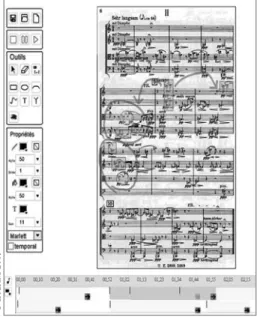 Figure 2. Score annotation tool.The scanned score is annotated with the help of a graphical palette (on the left) specifically designed for musical usage.The annotations can be placed and moved along the time axis (lower part of the figure).