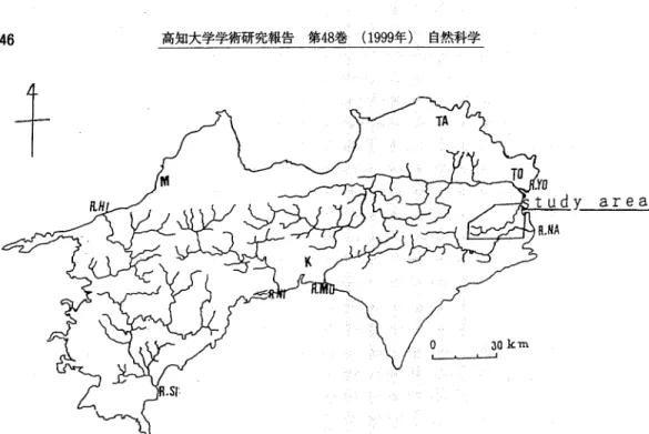 Fig. 1. Index map showing the study area alongﾌthe Katsuur良一gawa river, east Tokushima  Prefecture.                   尚 ダ： ノ＼ ･...･.･ .･.･･･. ･.I ･･     ・    Square is the surveyed area