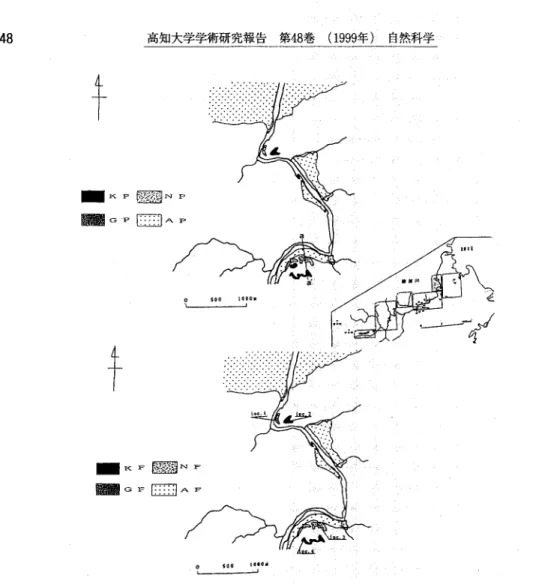 Fig. 3A. Geologic (lower) and topographic (upper･）㎡aps of the down‑stream area along the  Katsuura‑gawa river.             …………］………………ﾚ（ﾚ   犬 レ  KP, Kushibuchi Plain=Higher Terrace NP, Nakayama Plain〒Lower Terrace, μ GP, Gyoji