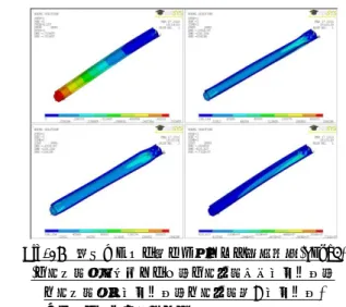 Fig. 17 面ファスナー部一体型モデル解析結果 (Type4)  ( 上段左：固有振動モード，上段右：引張応力分布，   面ファスナー部分割型モデル 下段左：圧縮応力分布，下段右：曲げ応力分布 )  面ファスナー部分割モデルの各拘束条件時の結果，および Type4 の場合の固有振動モード図，拘束条件応力分布図を以下に示す． Table 8 面ファスナー部分割モデル Fig