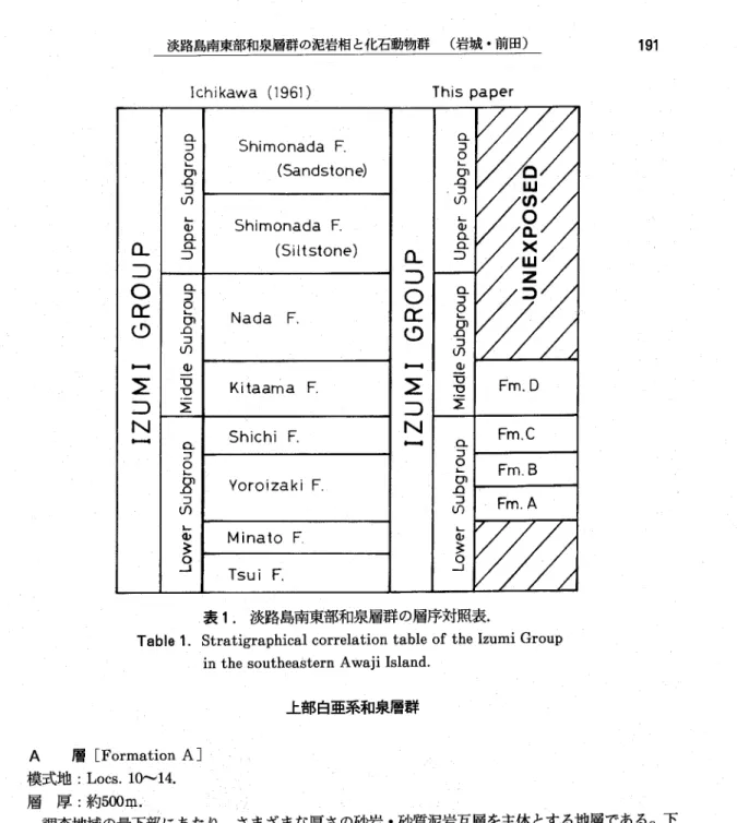 Table l. Stratigraphical correlation table of the Izumi Group    in the southeastern Awaji Islandに