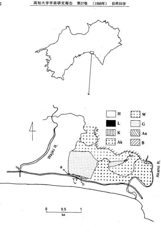 Fig. 1. Geologic map of Geisei Village, west coast of Muroto Peninsula. An, Ananai Formation    Ak, Aki Formation Ｂ， Basement Ｇ， Geisei Formation Ｈ， Holocene deposit Ｋ， Kanouki    Formation Ｌ，Lower terrace deposit (equivalent strata of Murotu i?ormation in