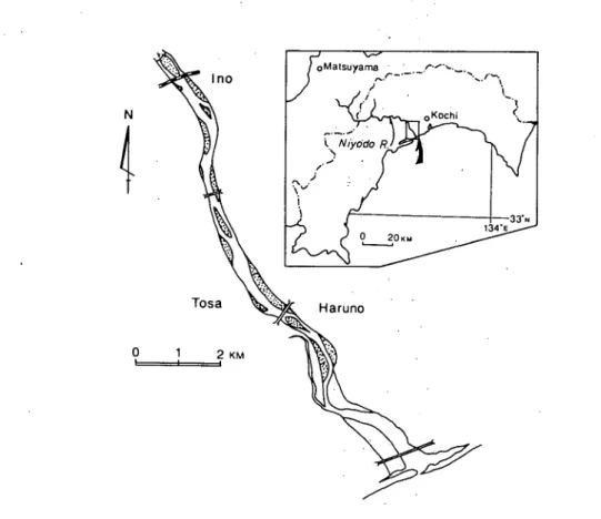 Fig. 1 Map showing the river course investigated. Dotted areas indicate the   bars studied.                  .、            し● ；