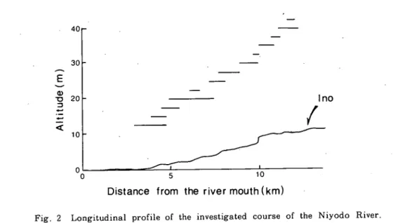Fig. 2 Longitudinal profile of the investigated course of the Niyodo River   13 lines over the profile show the extent of bars.