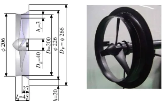 Fig. 1 Schematics and photograph of the compact-type wind turbine with the flanged-diffuser shroud