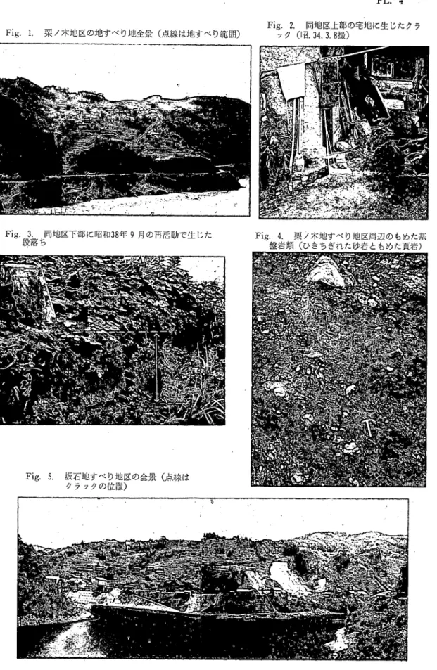 Fig. 1. 栗ノ木地区の地すべり地全景（点線は地すべり範囲） ゛igム  同地区下部に昭和38年９月の再活動で生じた ち Fig. 5.坂石地すべり地区の全景（点線は      クラックの位置） PL