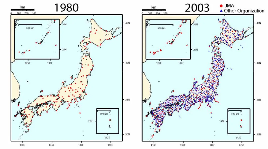 Fig 1  The distribution of the stations used for hypocenter determination in JMA (1980 vs