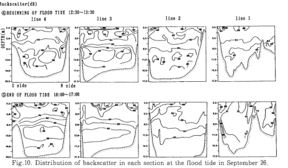 Fig. 10. Distribution of backscatter in each section at the flood tide in September 26.