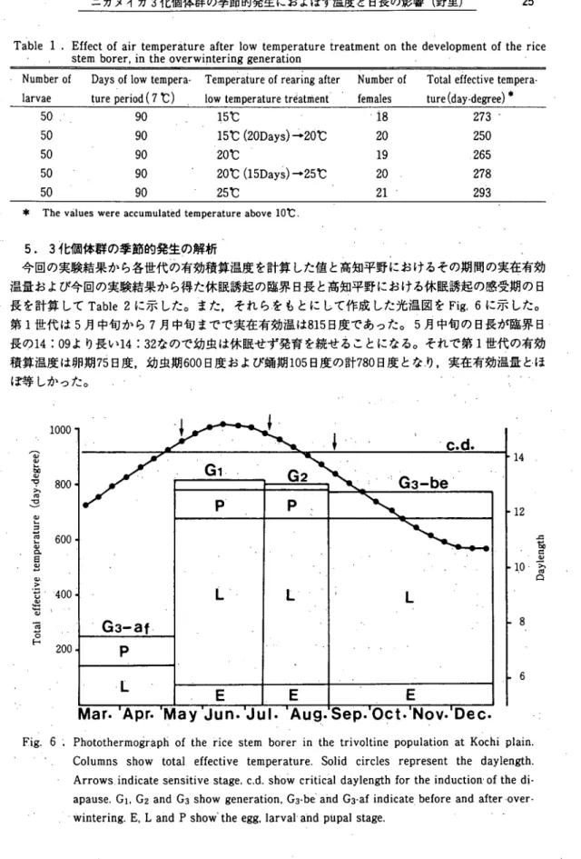 Table l . Effect of air temperature after low temperature treatment on the development of the rice    .  stem borer, in the overwintering generation                      ≒