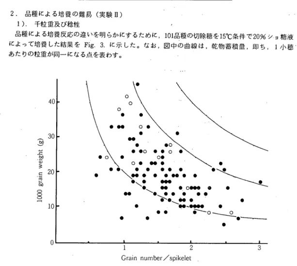Fig. 3. Varietal differences in grain number per spikelet and in 1000 grain weight when   cultured on 20％Ｓｕｃｒｏｓｅ solution at 15°C.