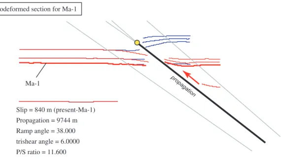 Fig. 3. Trishear solution for the Uemachi fault imaged in the seismic profile acquired by Yoshikawa et al.