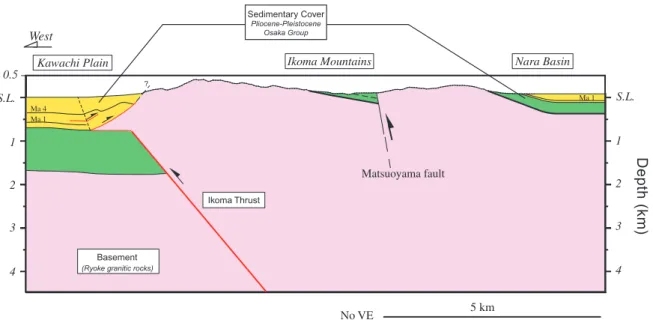 Fig. 5. Schematic, geologic cross section across the Ikoma fault, based on the interpreted seismic section.