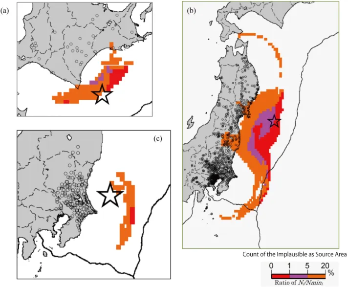 Fig. 2.1.3    Estimation of source area from seismic intensity distribution. Open circles are locations of seismic stations that  recorded seismic intensities of 5-lower (JMA scale) or more for the (a) 2003 Tokachi-oki earthquake, (b) 2011  Tohoku earthqua