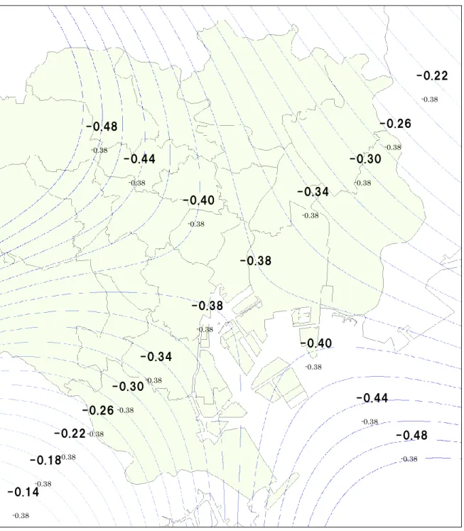 図表  行谷ほか（2011）の震源断層モデル（1703 年元禄型関東地震）  による東京都東部の上下地殻変動量のコンター図   （単位：ｍ） -0.38 -0.34  -0.38 -0.30  -0.38  -0.26  -0.38  -0.22  -0.38 -0.40  -0.38 -0.44  -0.38 -0.48  -0.38 -0.38  -0.38 -0.34  -0.38 -0.30  -0.38 -0.26  -0.38 -0.22  -0.38 -0.18  -0.38 -0.14  -