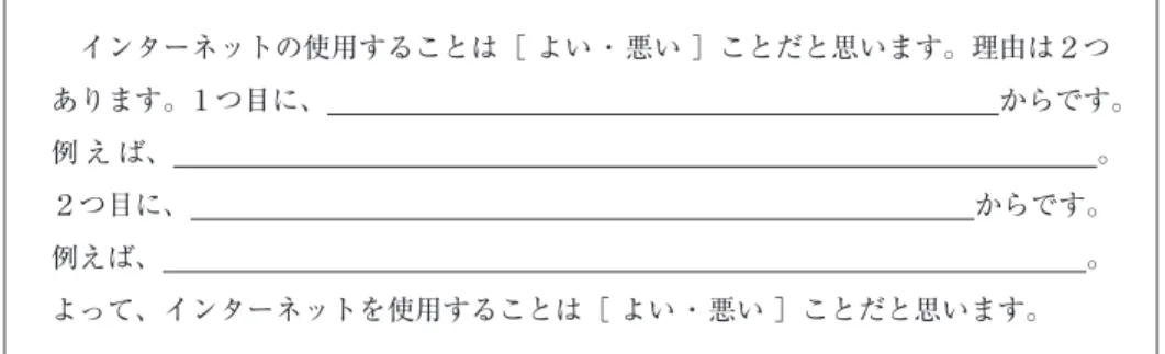 Fig. 9 shows an example template for a Japanese-language version of simplified debate with which learners  of Japanese can easily debate whether using the Internet is good or not in Japanese.