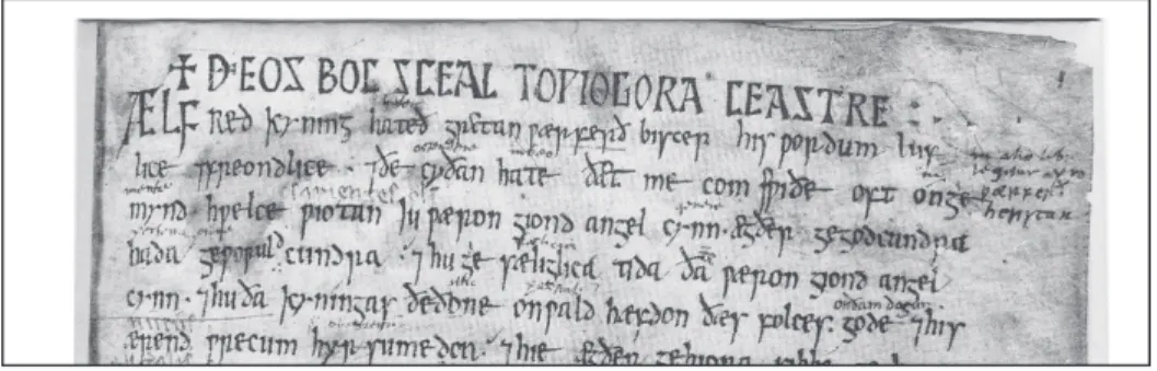 Figure 3: An example Latin text (with Anglo-Saxon glossing). Note the spacing between words,  and use of what would be called lower-case script today in the main text