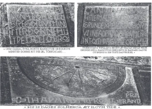Figure 1: The Orm Gamalsun Sundial and Inscription (Source: Regia Anglorum :Language (2002),  Genealogical website giving a factual annotated bibliography with much relevant historical  details surrounding Orm Gamalson and the church in Kirkdale