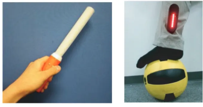 図 4 左： Across Penlight （観客側デバイス），右： Across Gear
