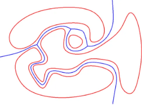 図 4 2 線分 L 1 ， L 2 間の線分ボロノイ分割の分割線 分割線は 7 つのセグメント a ∼ g で構成される．