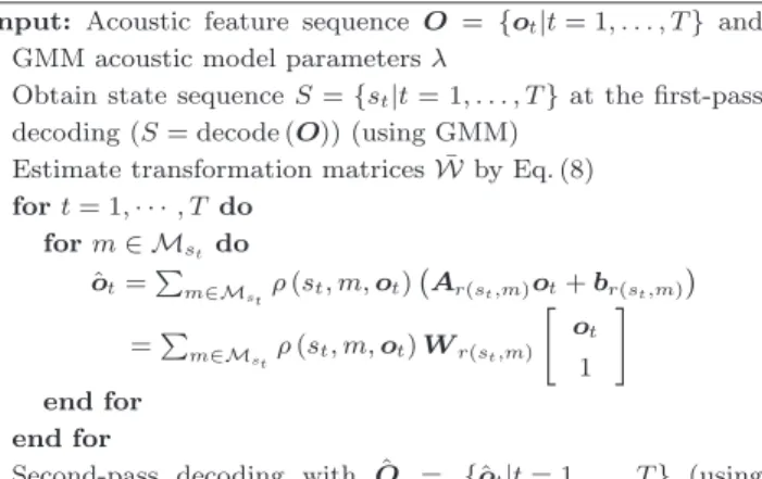 Fig. 4 Concrete example of the proposed feature transfor- transfor-mation where the component of the state s t includes five Gaussian distributions ( N m={1,2,3,4,5}∈s t ∈ M s t ) and W A and W B are transformation matrices