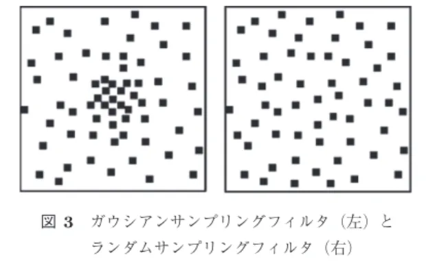 図 3 ガウシアンサンプリングフィルタ（左）と ランダムサンプリングフィルタ（右）