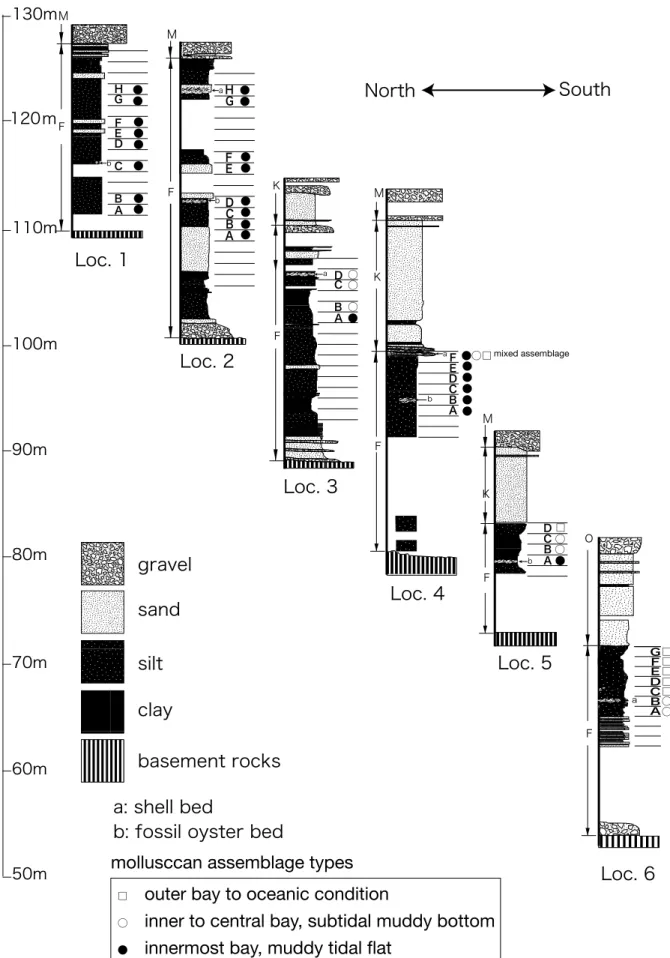 Fig.  3  Geological  columnar  sections  of  the  Furuya  Formation,  showing  sampling  points  and  distributions  of molluscan  assemblage  types.  Localities  of  the  columns  are  shown  in  Fig.  2.  F:  Furuya  Formation,  K: