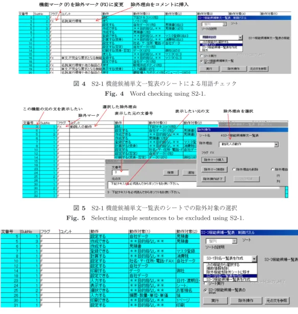 図 5 S2-1 機能候補単文一覧表のシートでの除外対象の選択 Fig. 5 Selecting simple sentences to be excluded using S2-1.