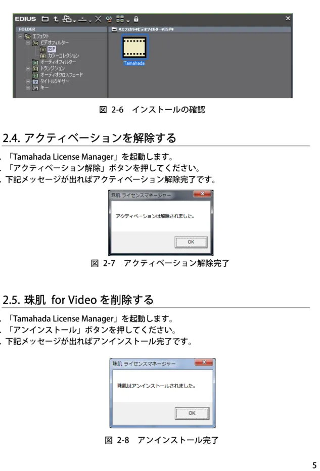 図  2-6  インストールの確認  図  2-8  アンインストール完了  図  2-7  アクティベーション解除完了 2.3.インストールの確認    EDIUS を起動し、エフェクトタブに[エフェクト]-[ビデオフィルター]-[ISP]-[Tamahada]があることを確認してください。 2.4.アクティベーションを解除する 
