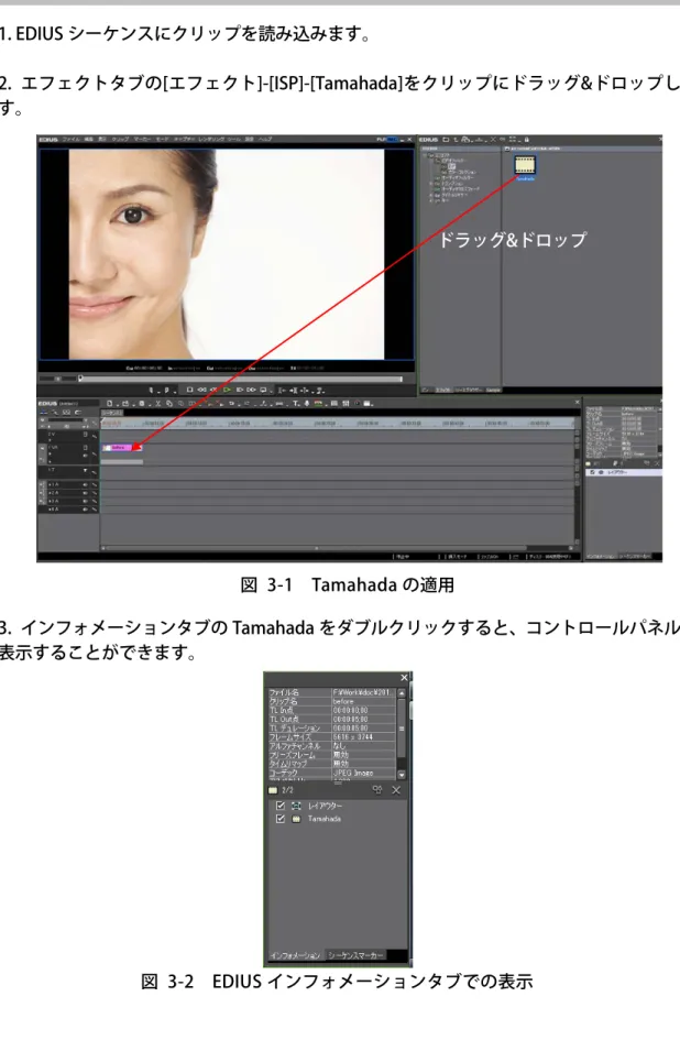 図  3-1  Tamahada の適用  図  3-2  EDIUS インフォメーションタブでの表示 3.基本的な使い方 1. EDIUS シーケンスにクリップを読み込みます。  2