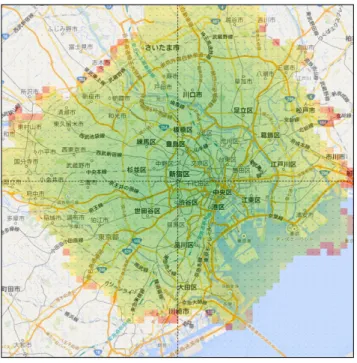 図 10 伝搬マップを同尺の地図に重ね合わせた様子 Fig. 10 The delivery map overlaying to the same scale map.