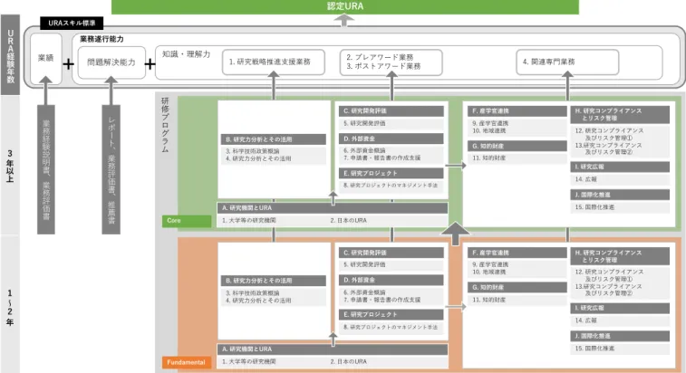 図  7  本事業で検討した Fundamental  および Core レベルのカリキュラムマップ案  ＜科⽬の概要＞    Fundamental レベル，Core レベルの科⽬概要を⽰す（表 14，15）。  表  14  Fundamental レベルの科⽬概要  科⽬ 番号  科⽬名  Fundamental の概要 1  ⼤学等の研究 機関  ⼤学等の研究機関において URA 業務を⾏うための基礎知識を与える。ま ず，我が国の⼤学がどのようにして⽣まれ，どのような根拠で設置されているか，どのよう