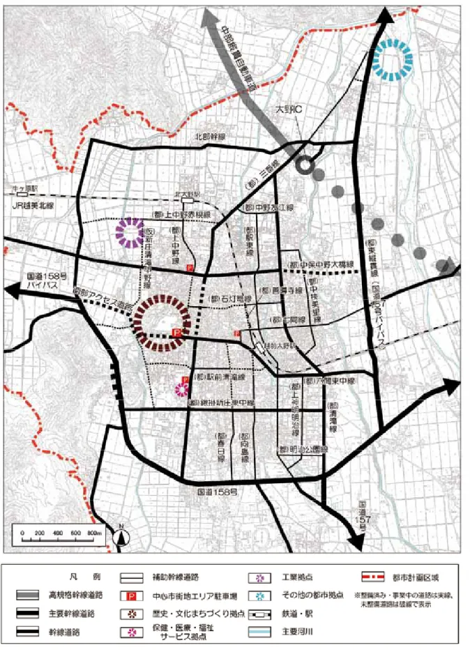 図  市街地ゾーンにおける、幹線道路・補助幹線道路づくりの取り組み１ 