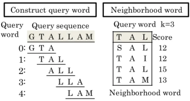 図 2 Seeding と ungapped extension の例 Fig. 2 Example of seeding and ungapped extension step.