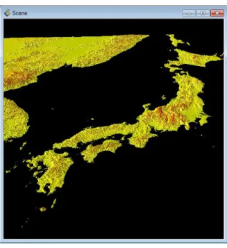 図  27  海面を非表示にした表示例    陸地と海面との境目で、0.0  が含まれる部分も非表示になるため、海岸線が正しく表示でき ていない部分もありますが、地形のみの表示に代わります。    また、「２.３.２  ColormapEditor による色づけの変更」に述べたカラーマップファイルを 使って、色の調整等も行ってみてください。  ２ 