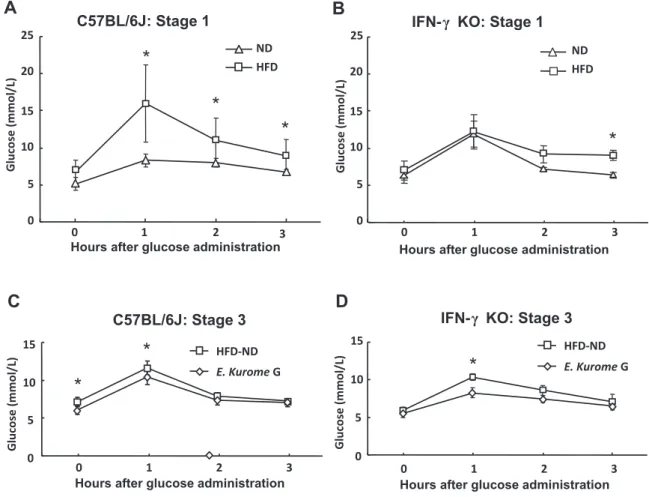 Fig. 4. Effects of algae homogenates on oral glucose tolerance test of HFD-treated wild type and IFN-γ KO mice