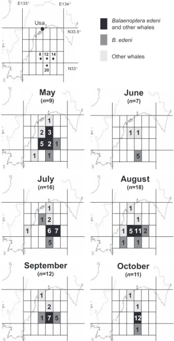 Fig. 1. Map of Tosa Bay and the sites where whales were  observed in May–October 2012