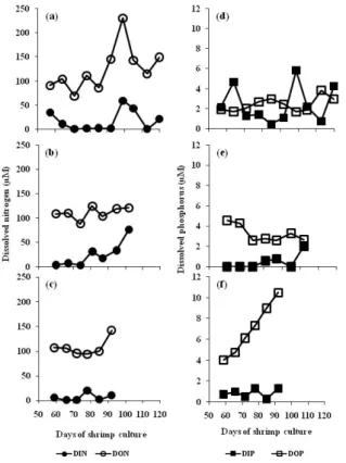 Fig. 2. Fluctuations of chlorophyll a concentration and total  food consumption during shrimp culture in Pond 1 (a),  Pond 2 (b) and Pond 3 (c), respectively.