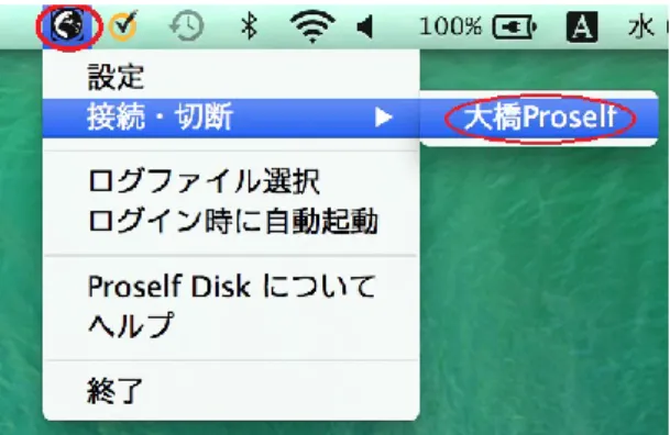 図 15  ログイン画面  3.  Proself への接続と切断  (1)  接続  メニューバーに表示されている「Proself Disk」アイコンをクリックしてメニューの「接続・切断」 から図 14 で設定した接続名「大橋 Proself」をクリックして接続してください。  次のようなユーザー名とパスワードを要求するログイン画面が表示されるので、Proself のユーザ ー名とパスワードを入力し、 「ログイン」ボタンをクリックしてください。  なお、ユーザー名とパスワードを保存している場合は、この画面