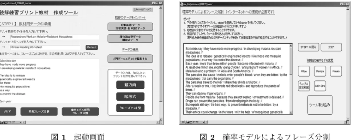 図 1 起動画面 図 2 確率モデルによるフレーズ分割 にどのような教材として与えるかの諸要因を考慮し，用紙サイズの設定・行間・メモ欄の有無な どの様々な条件を組み合わせながらレイアウト上に表示させることで 1 つの英文素材から 1,000 通り以上 10 のレイアウトのプリント教材を作成することができる．このようなレイアウトの柔 軟さ 11 はデータベース・ソフトウェアでしか為し得ないものである． 図 3 の形式のプリントは，フレーズごとに分割したものが縦方向に配置されており，右側に 予習として各フレーズ