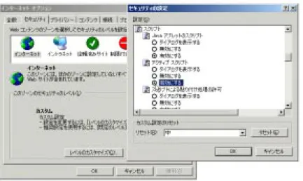 図 2-3   JavaScript を有効にする（ Windows 版 Intenet Explorer 6.0 の設定画面 。［ツール｜イン ターネットオプション］メニューでウィンドウを表示し、［セキュリティ］タブの［レベルのカスタ マイズ］をクリックする）