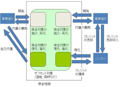 図 2.2.1  生物多様性オフセット制度の概要  者 A と B がいる。そのとき事業者は保全対象の質、量を一定に保つために、同地域内に利 用した分だけ保全対象を復元、創造しないといけない。このとき、事業者側には 2 つの方 法が存在する。一つ目の方法は自ら保全対象の復元、創造を行う自己代償である（図 2.2.1 では事業者 A にあてはまる） 。しかし、生物多様性の復元、創造には専門的な知識が必要と なり、そうした知識が十分にない事業者にとっては高い費用を必要とする。また代償がう まくいかないリスクも存