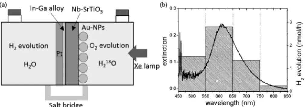 図 3  （ a ）水の光分解用光反応セルの略図． Au-NPs は金ナノ微粒子を示す．（ b ）水素発生の アクションスペクトル（棒グラフ）とプラズモン共鳴スペクトル（実線）．